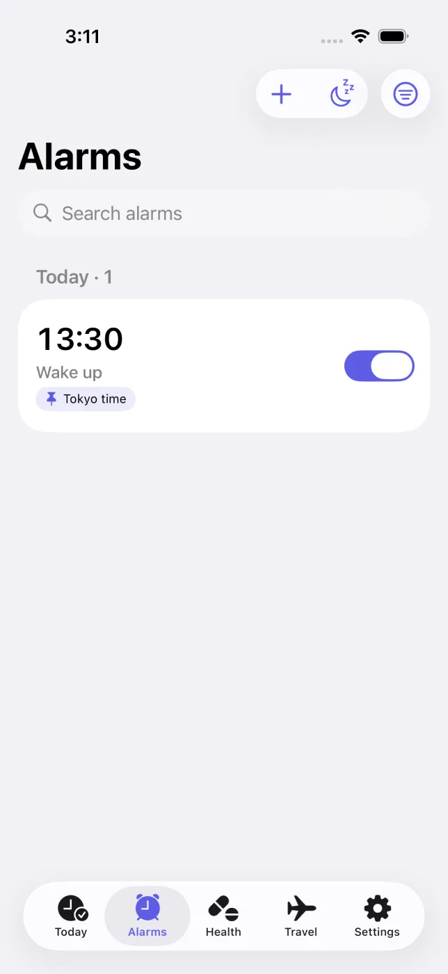 Alarms tab with the next alarm and its city.