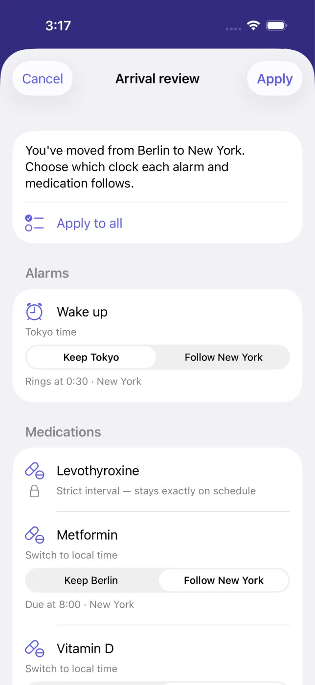 Arrival review listing each alarm and medication with Keep and Follow choices.