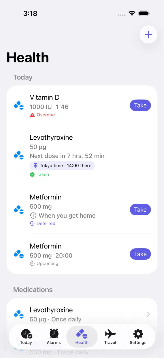 Health tab with today's doses, a deferred dose and a strict-interval countdown.
