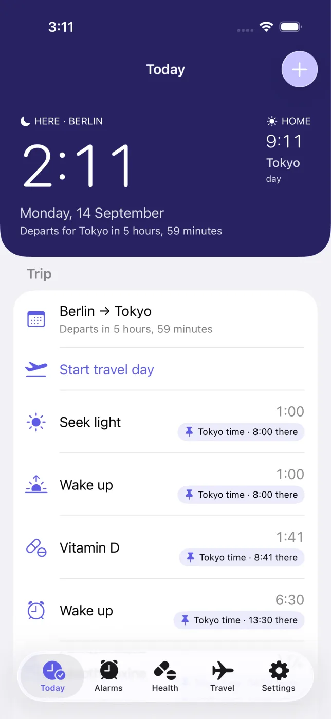 JetSetAlarm's Today screen: the sky where you are and the sky at home, the next trip, and today's alarms and doses with the time in each city.