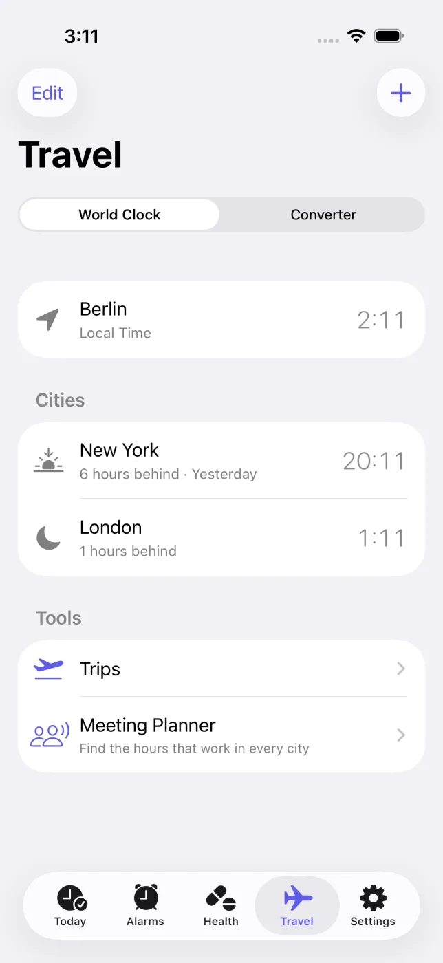Travel tab with the world clock, cities and tools.